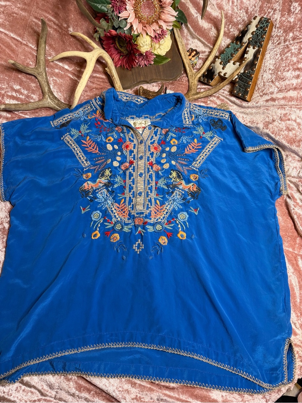 Johnny Was XL Blue Silk Embroidered Zebra Floral Boho Button Front Blouse